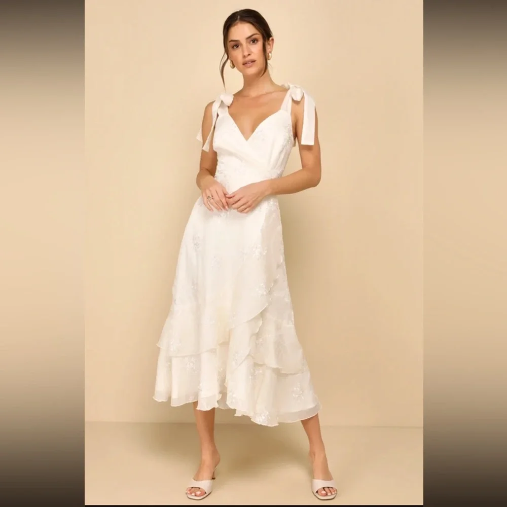 Lulus Embroidered Ruffled Tie-Strap straps
Midi Dress Ivory beige creme xl - Picture 4 of 5